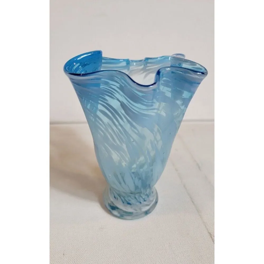 Vintage Hand Blown‎ Art Ruffle Glass Vase Blue Swirl Fluted VTG MCM